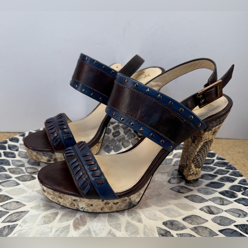 Vince Camuto Signature Brown and Blue Studded snake print Heels 7.5